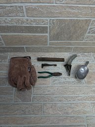 Vintage Garden & Farm Tool Lot - Cast Iron Dibble, Bulb Planter, Scoop, Pliers & Gloves