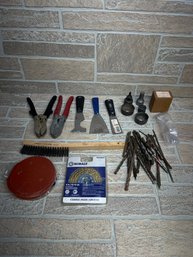 Mixed Hand Tool & Workshop Supply Lot - Drill Bits, Aviation Snips, Scrapers, Craftsman Brush, Kobalt Wire Whe