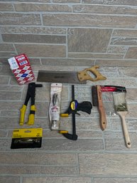Mixed Hand Tool & Hardware Lot - Hand Saw, Rivet Gun, Irwin Bit, Quick-Grip Clamp, Stanley Door Pull & More