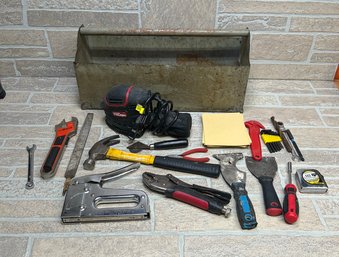Vintage Metal Toolbox With Hyper Tough Sander & Assorted Hand Tools