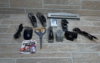 Mixed Office, Webcam & Computer Supply Lot - Staplers, Hole Punch, Webcam, Dell Mouse, Scissors & More