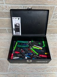 Brinks Metal Lock Box With Assorted Precision Tools, Screwdrivers, Wire Strippers & Electronics Tools