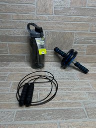 Fitness Exercise Lot - Ab Roller, Jump Rope & Mario Lopez 64 Oz Water Bottle