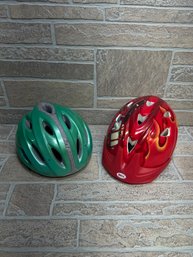 Lot Of 2 Bicycle Helmets - Bell Fire Truck Kids Helmet & Green Adult Helmet