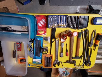 3 Matching Plastic Storage Bins With Tons Of Misc Tools & Useful Items
