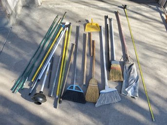 Lot Of Brooms, Dustpans, And Handles
