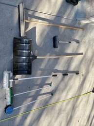 Lot Of Outdoor Tools - Snow Shovel, Push Broom, & Scrub Brushes With Hose Attachment