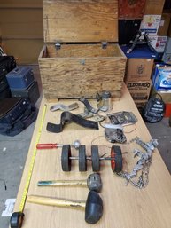Lot Of Misc Tools In Very Cool Vintage Wooden Trunk
