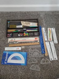 Lot Of Protractors, Rulers And Various Office Supplies