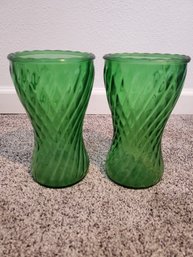 Lot Of 2 Green Vintage Glass Vases
