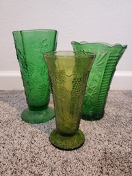 Lot Of 3 Greenware Vintage Glass Vases