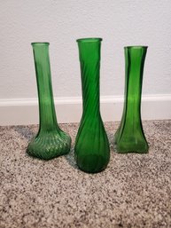 Lot Of 3 Greenware Vintage Narrow Glass Vases