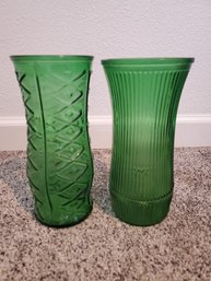 Lot Of 2 Mismatched Greenware Vintage Glass Vases