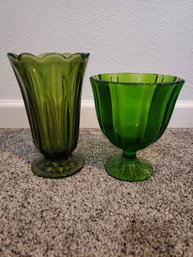 Lot Of 2 Greenware Vintage Tulip Shaped Glass Vases