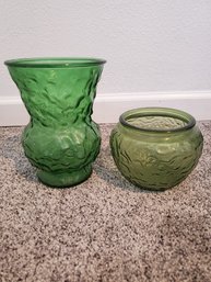 Lot Of 2 Greenware Vintage Glass Wide Bowl Vases