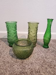 Lot Of 4 Greenware Vintage Glass Vases Of Similar Texture
