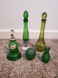 Lot Of Vintage Greenware Glass Perfume Bottles, Decanters