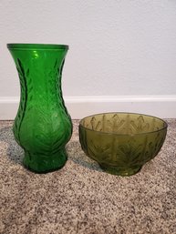 Lot Of 2 FTD Emerald Green Vase And FTD Footed Green Glass Candy Bowl