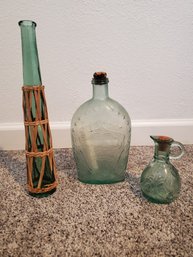Lot Of 3 Sea Glass Colored Bottles And Vase
