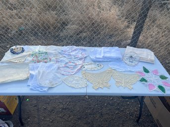 Small Box Of Vintage Linen And Doilies