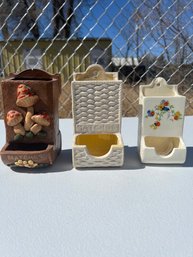Lot Of 3 Vintage Porcelain & Clay Wall Hanging Matchbox Holders
