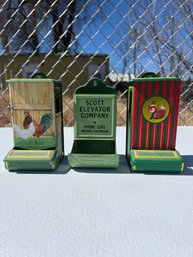 Lot Of 3 Vintage Wall Hanging Green Metal Tin Matchbox Holders