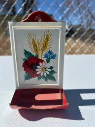 Vintage Wall Hanging Wheat And Flowers Metal Tin Matchbox Holder