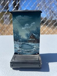 Vintage Wall Hanging Cabin By The Lake Metal Tin Matchbox Holder