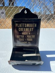 Vintage Wall Hanging Plattsmouth Creamery Metal Tin Matchbox Holder