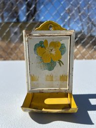 Vintage Wall Hanging Yellow Flower Metal Tin Matchbox Holder