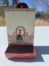 Vintage Wall Hanging Lady In Rose Garden Metal Tin Matchbox Holder