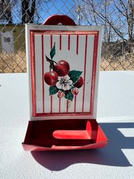 Vintage Wall Hanging Cherry Metal Tin Matchbox Holder