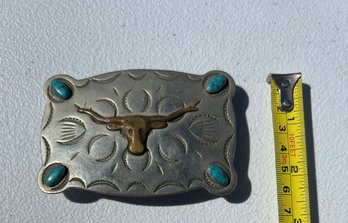 Vintage Steer Nickel Silver Frontier Belt Buckle With Turquoise