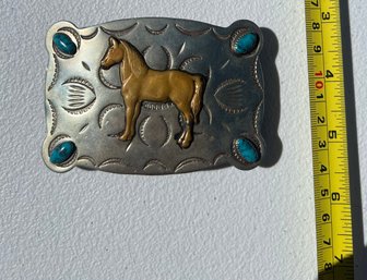 Vintage Horse Nickel Silver Frontier Belt Buckle With Turquoise