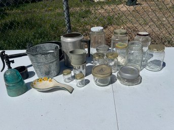 Box Full Of Glass Jars And Other Miscellaneous Items