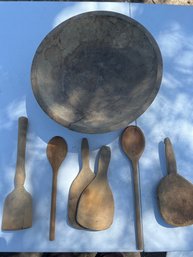 Antique Primitive 13.5' Munising Dough Bowl And Wooden Utensils