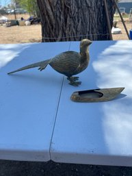 Vintage Hollywood Regency Large Solid Brass Pheasant And Brass Ash Tray