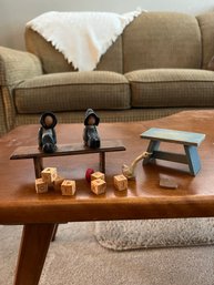 Miniature Wooden Amish Dolls With Benches & Blocks