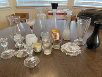 Lot Of Various Glass Votives Vases Etc