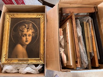 2 Boxes Full Of Frames Mostly Wood Frames