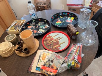 Box Full Of Bar Related Items, Coasters, Bar Trays, Decanter, Stir Sticks Etc.