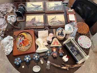 Box Full Of Mostly Wall Decor, Vintage Mug, Bag Full Of Thimbles Ect.