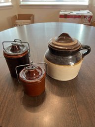 Earthenware Jug With Lid And 2 Other Cannisters