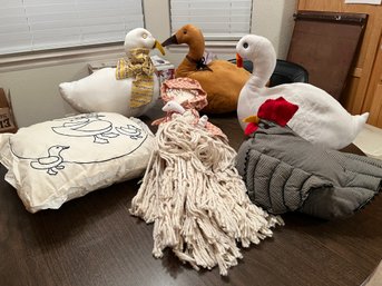 Box Of Stuffed Geese And Goose Pillow