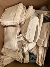 Box Full Of Vintage Cream/ Ivory Colored Fabric And Some Batting