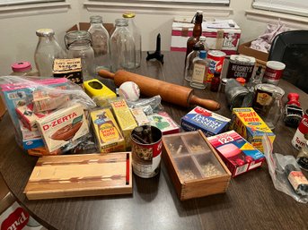 Box Of Various Vintage Items Glass Milk Jugs, Jello, Rolling Pin