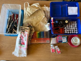 Large Lot Of Crafting Items, Enamel Paint, Paint Brushes, Smocks Etc.