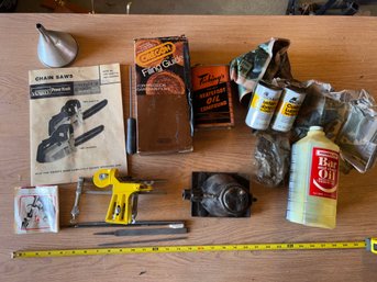 Lot Of Chainsaw Accessories, Chain File, Oil, Jack, Etc.