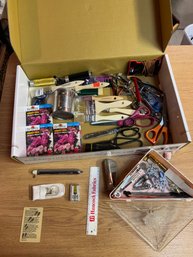 Box Full Of Sweet Pea Flowers, Paint Brushes, And Shears/ Scissors