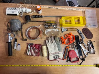 Lot Of Various Tools, Goggles, Gloves, Allen Wrenchs, Box Cutter Etc.